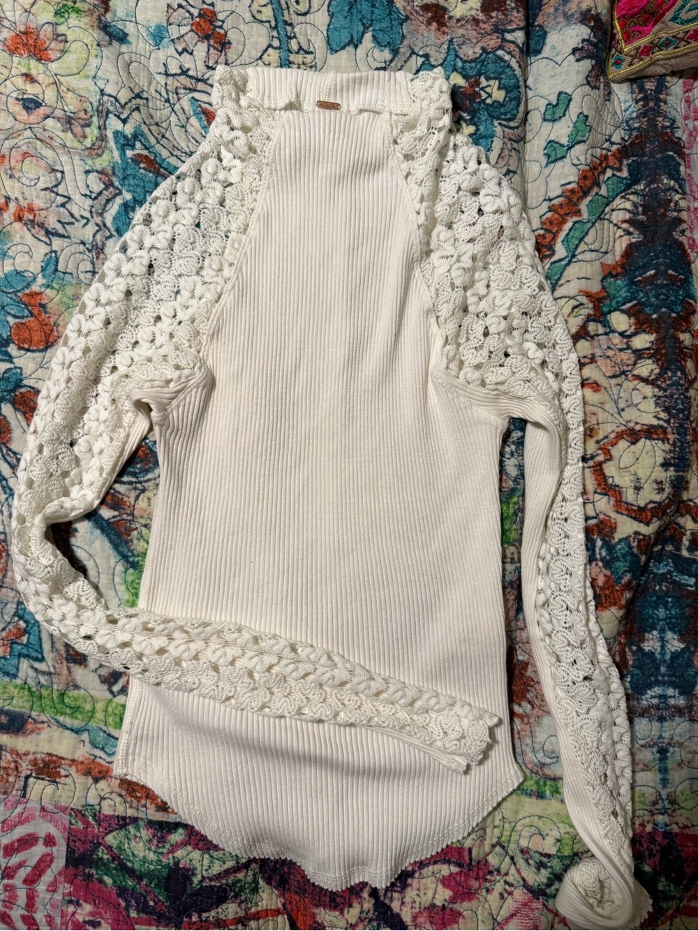 Free People Cream Crochet-Sleeve Ribbed Sweater